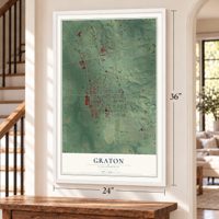 Graton, California map, 24 x 36 inch print in a white frame by a staircase