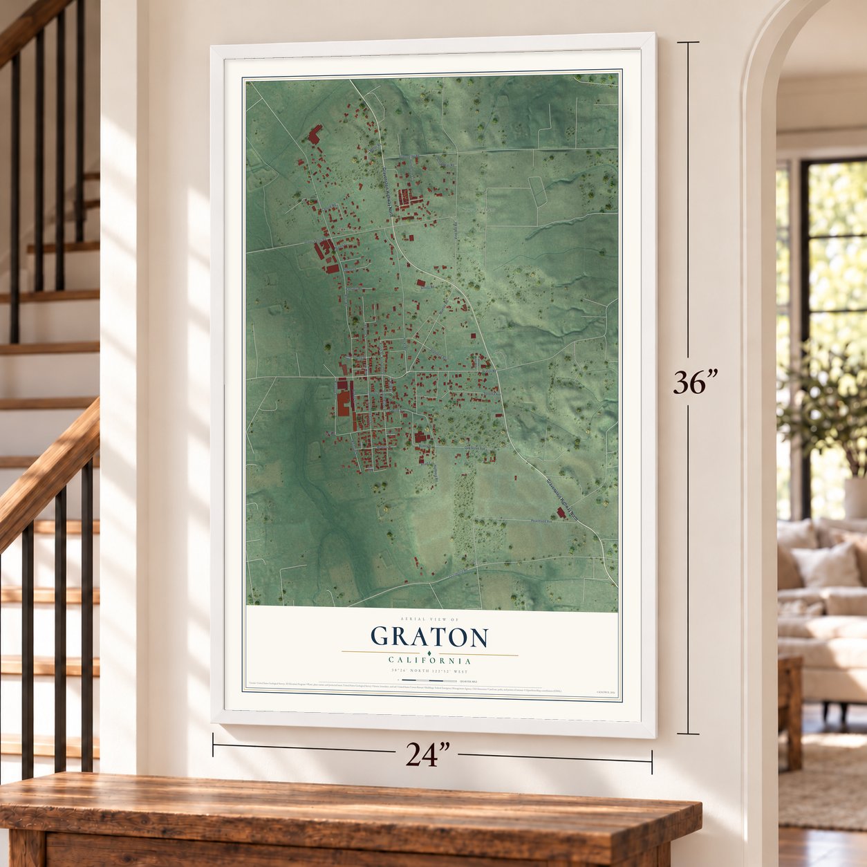 Graton, California map, 24 x 36 inch print in a white frame by a staircase