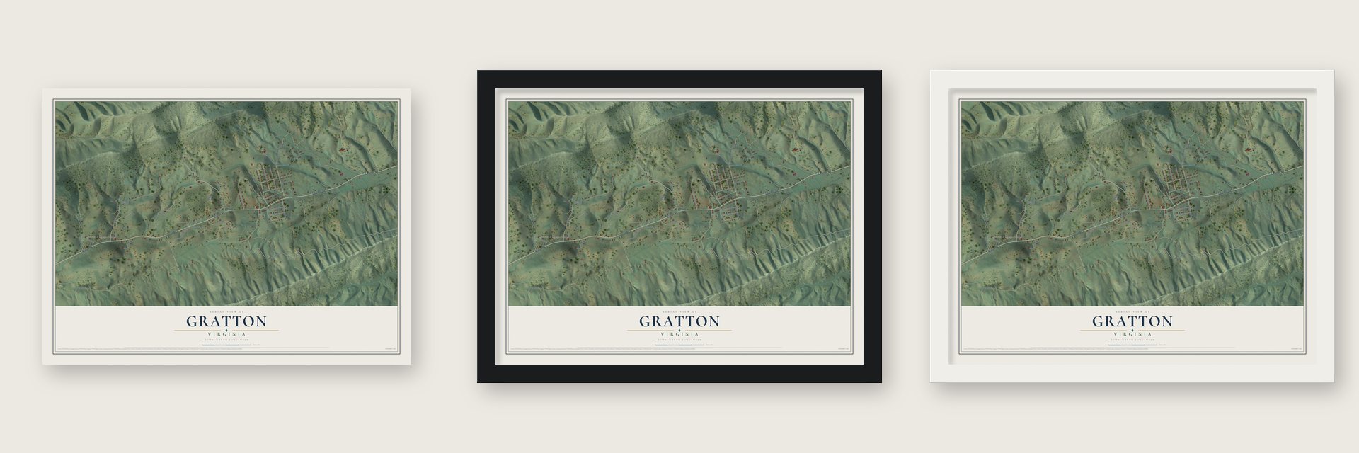 Gratton, Virginia map unframed, in a black wood frame and in a white wood frame