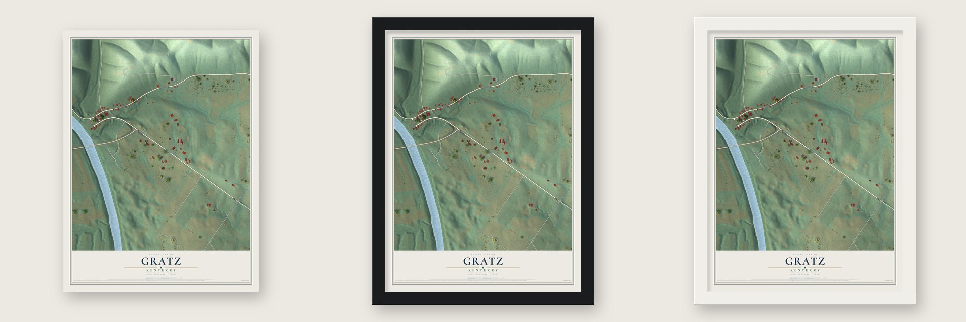 Gratz, Kentucky map unframed, in a black wood frame and in a white wood frame
