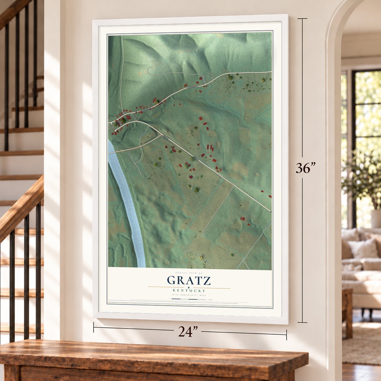 Gratz, Kentucky map, 24 x 36 inch print in a white frame by a staircase
