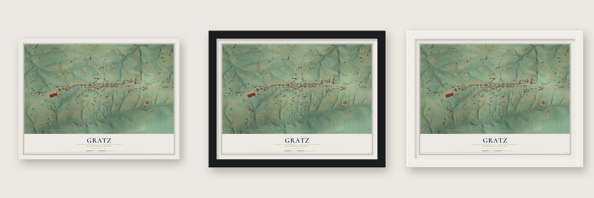 Gratz, Pennsylvania map unframed, in a black wood frame and in a white wood frame