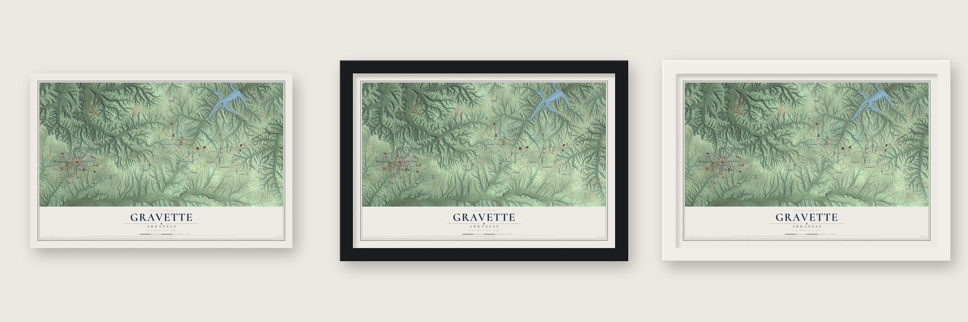 Gravette, Arkansas map unframed, in a black wood frame and in a white wood frame
