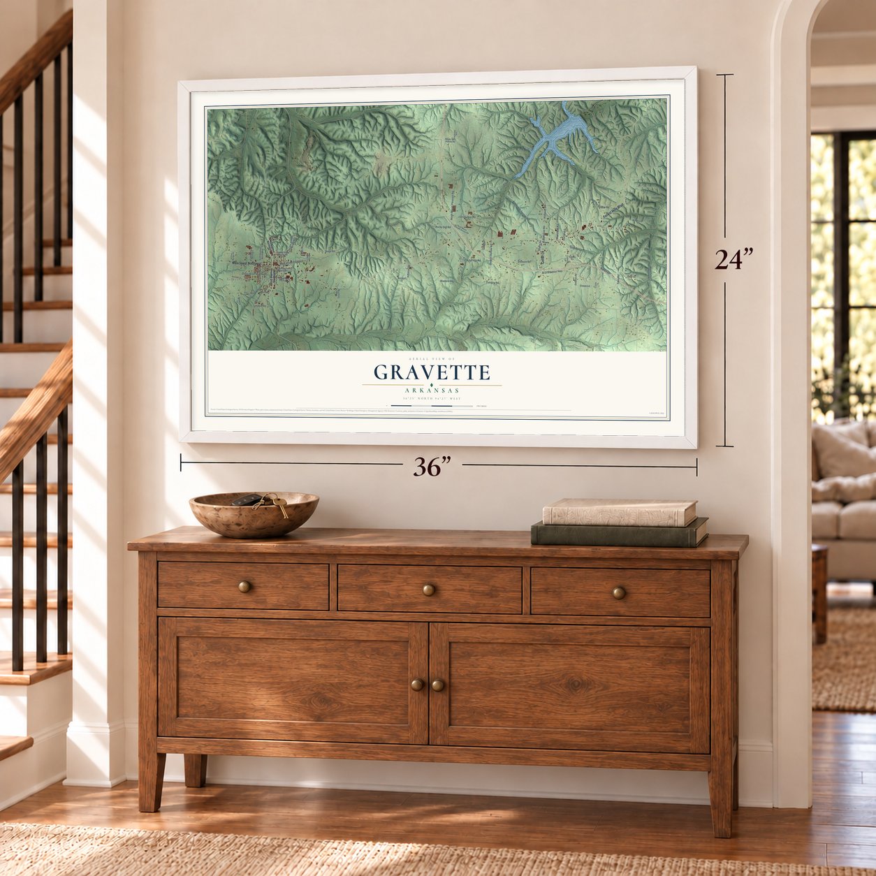 Gravette, Arkansas map, 24 x 36 inch print in a white frame above a dresser by a staircase