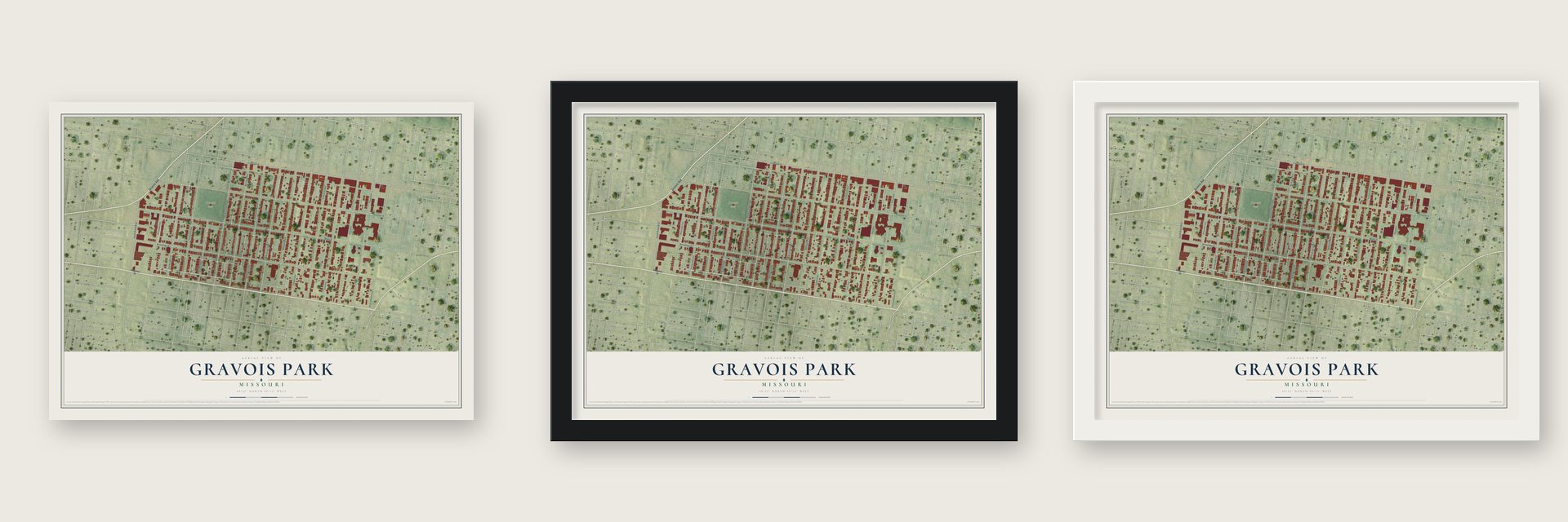 Gravois Park, Missouri map unframed, in a black wood frame and in a white wood frame