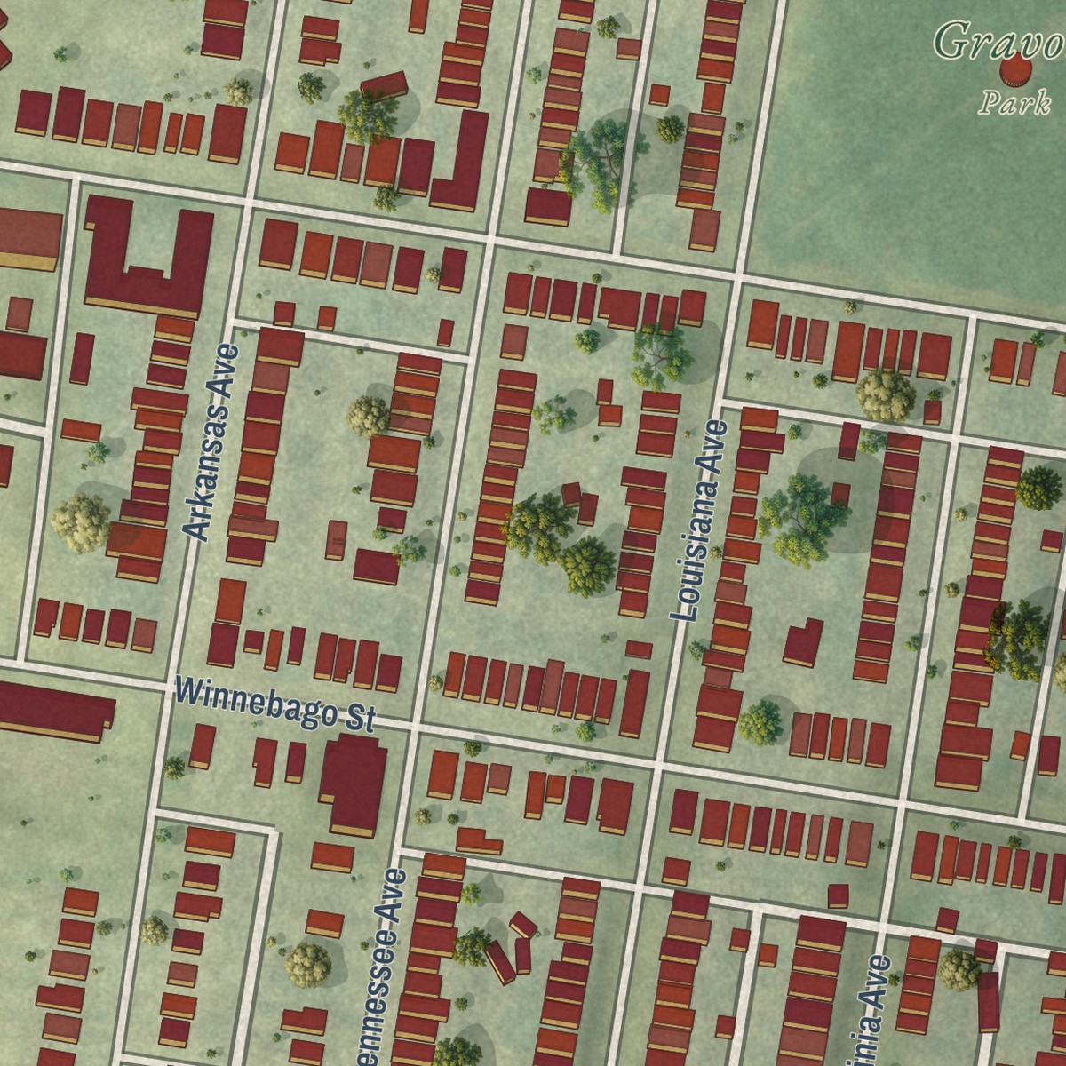 Second close-up of the map of Gravois Park, Missouri print showing more streets and buildings