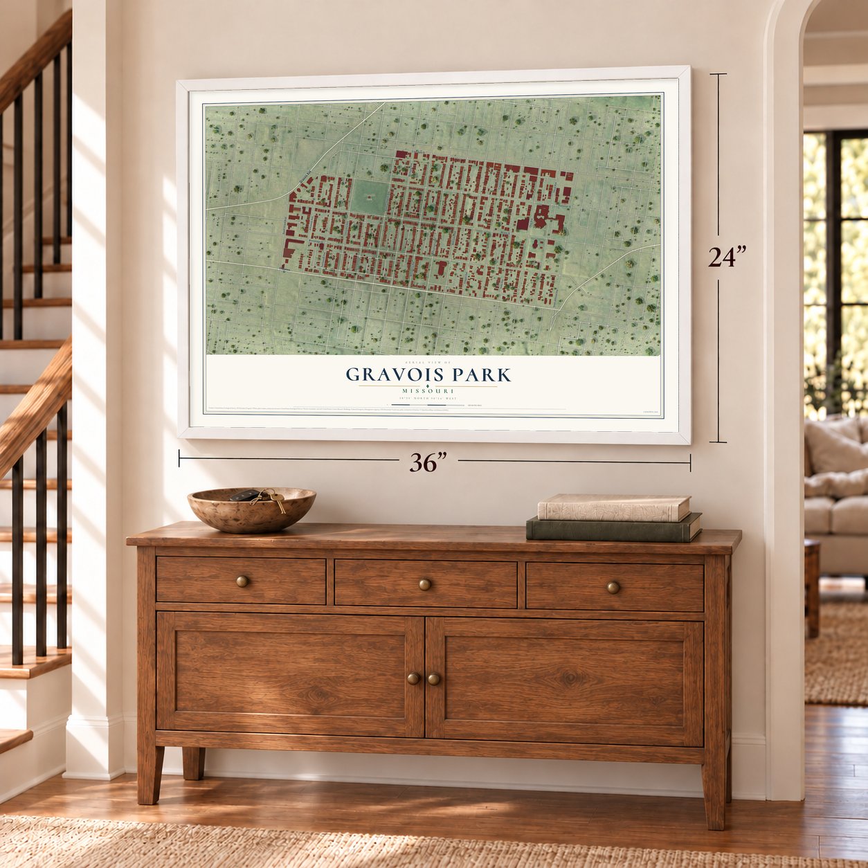 Gravois Park, Missouri map, 24 x 36 inch print in a white frame above a dresser by a staircase