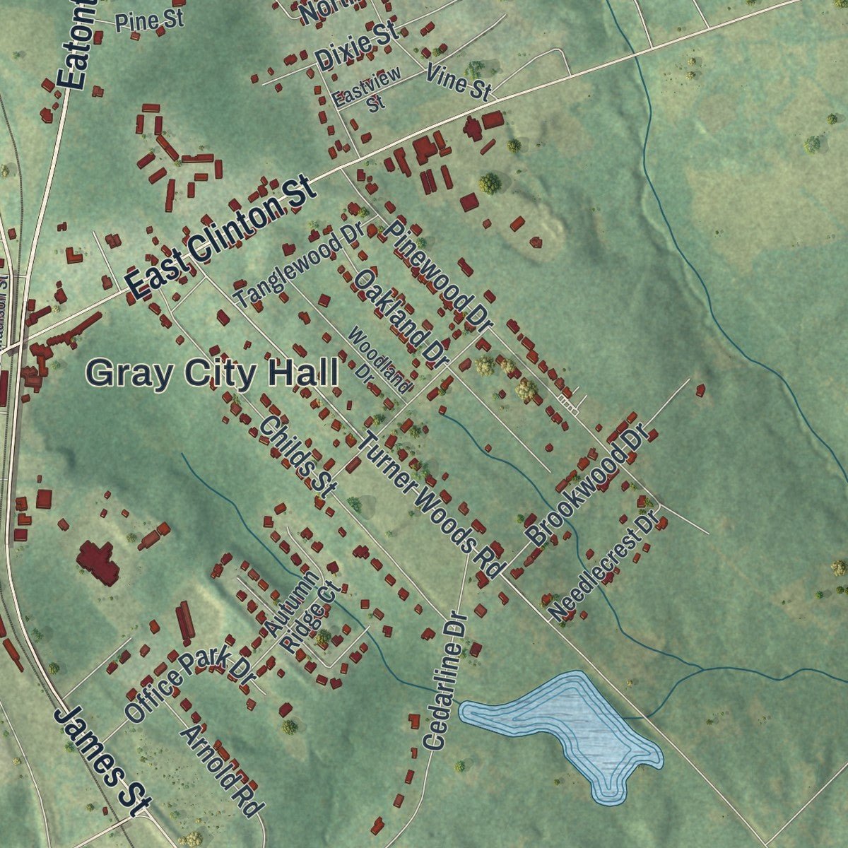 Second close-up of the map of Gray, Georgia print showing more streets and buildings