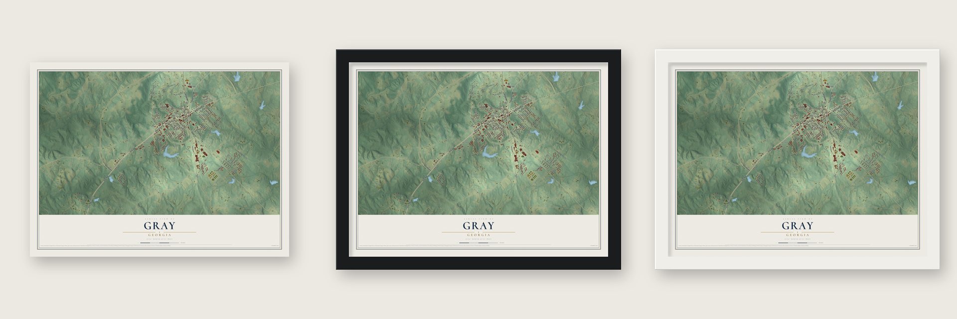 Gray, Georgia map unframed, in a black wood frame and in a white wood frame