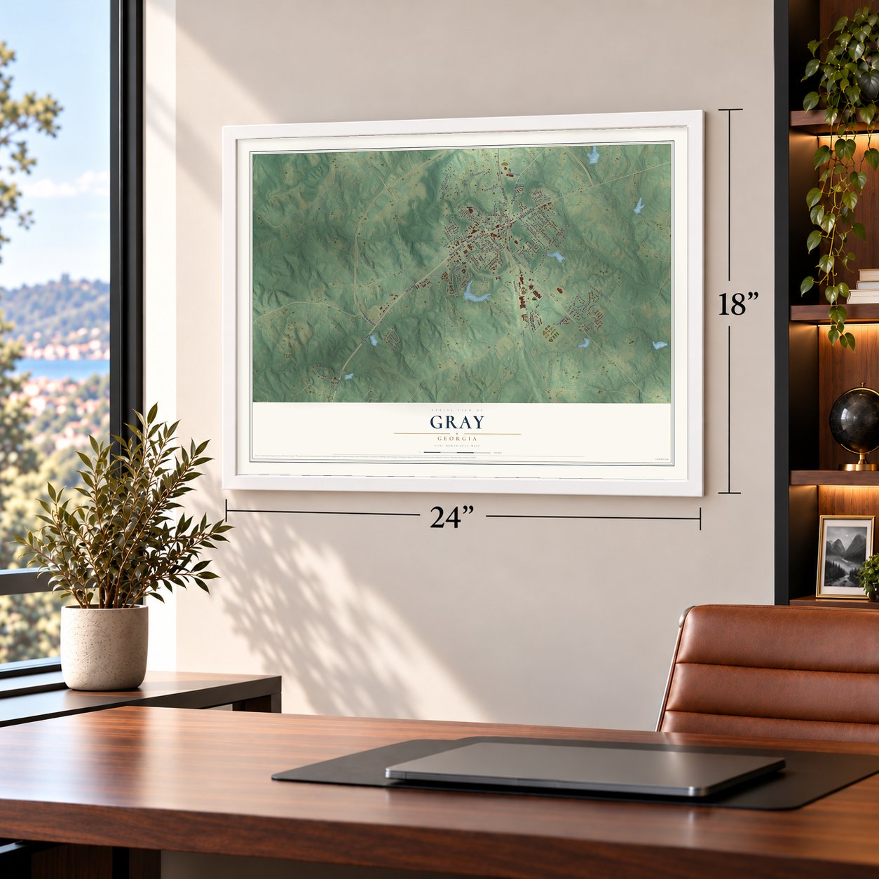 Gray, Georgia map, 18 x 24 inch print in a white frame in a home office