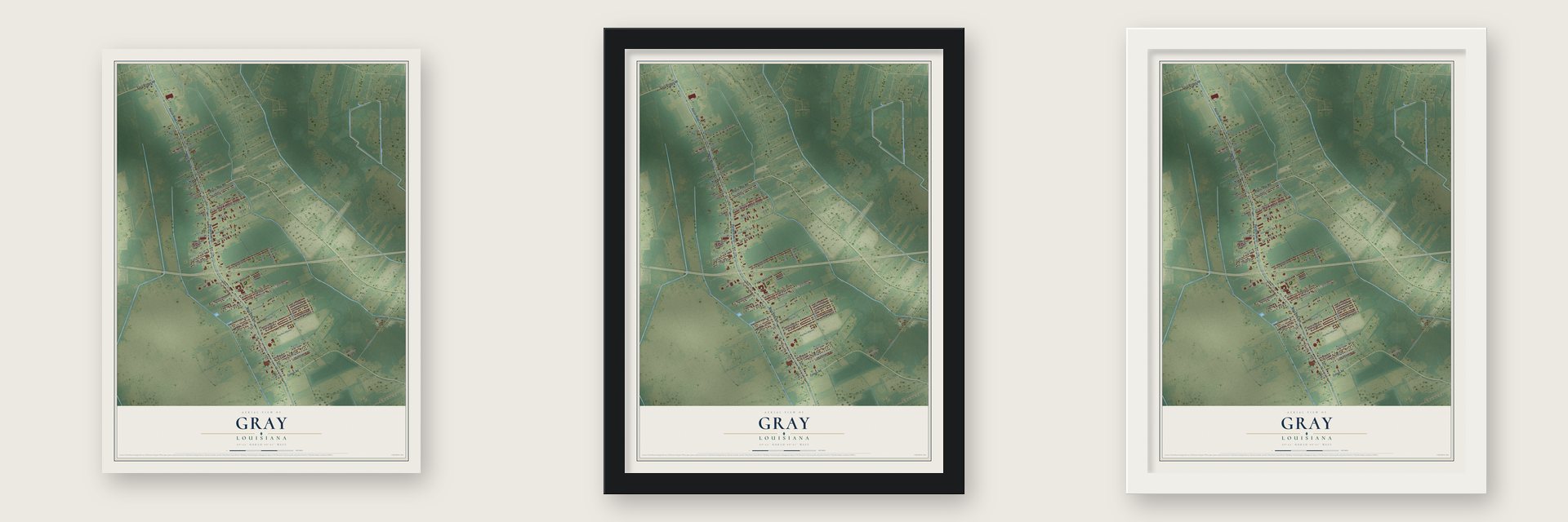 Gray, Louisiana map unframed, in a black wood frame and in a white wood frame
