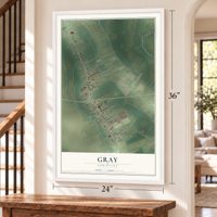 Gray, Louisiana map, 24 x 36 inch print in a white frame by a staircase
