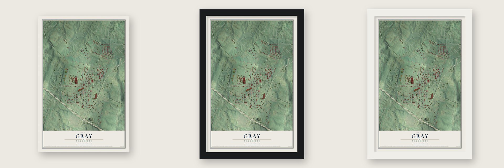 Gray, Tennessee map unframed, in a black wood frame and in a white wood frame