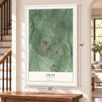 Gray, Tennessee map, 24 x 36 inch print in a white frame by a staircase