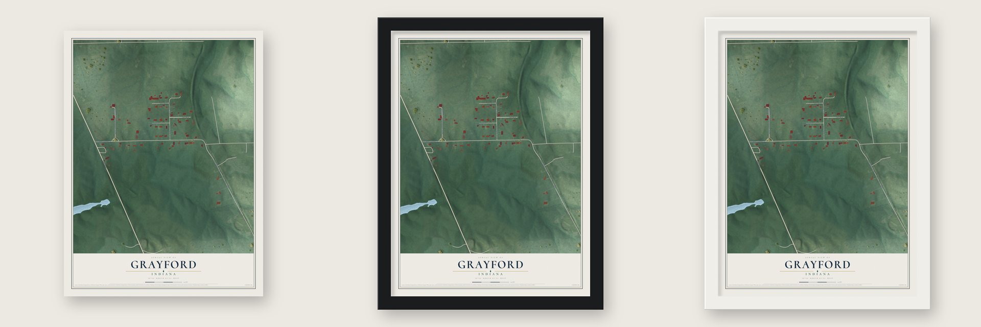 Grayford, Indiana map unframed, in a black wood frame and in a white wood frame
