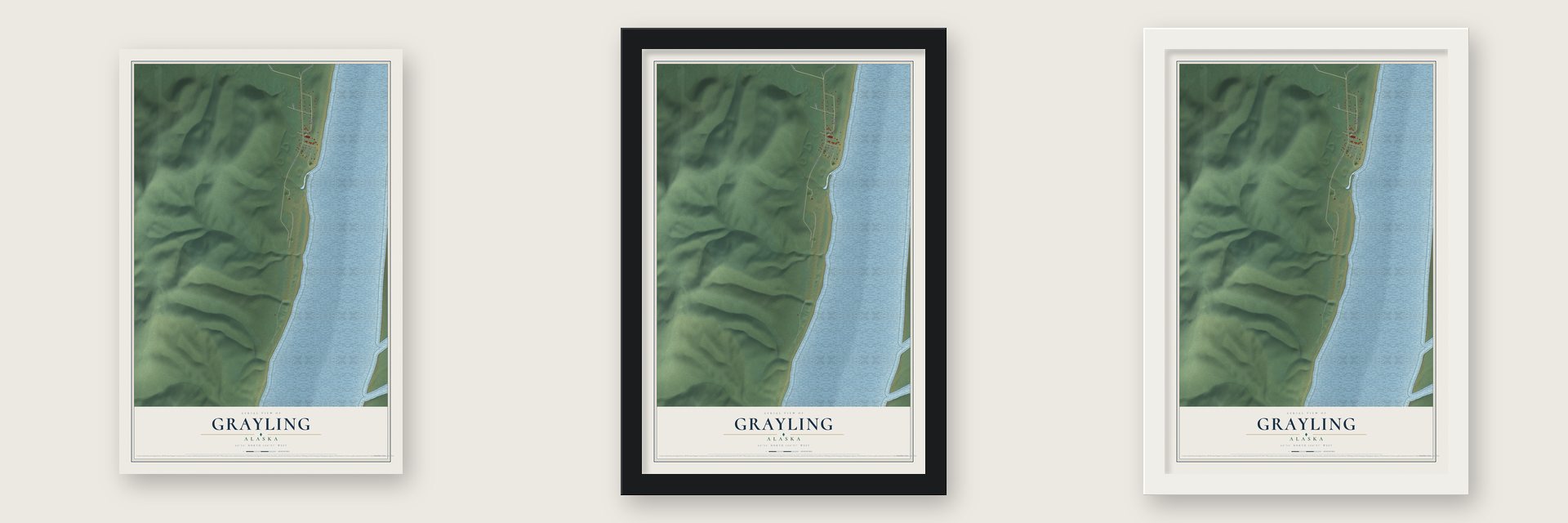 Grayling, Alaska map unframed, in a black wood frame and in a white wood frame