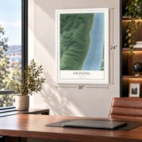 Grayling, Alaska map, 18 x 24 inch print in a white frame in a home office