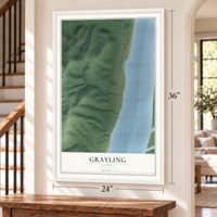 Grayling, Alaska map, 24 x 36 inch print in a white frame by a staircase