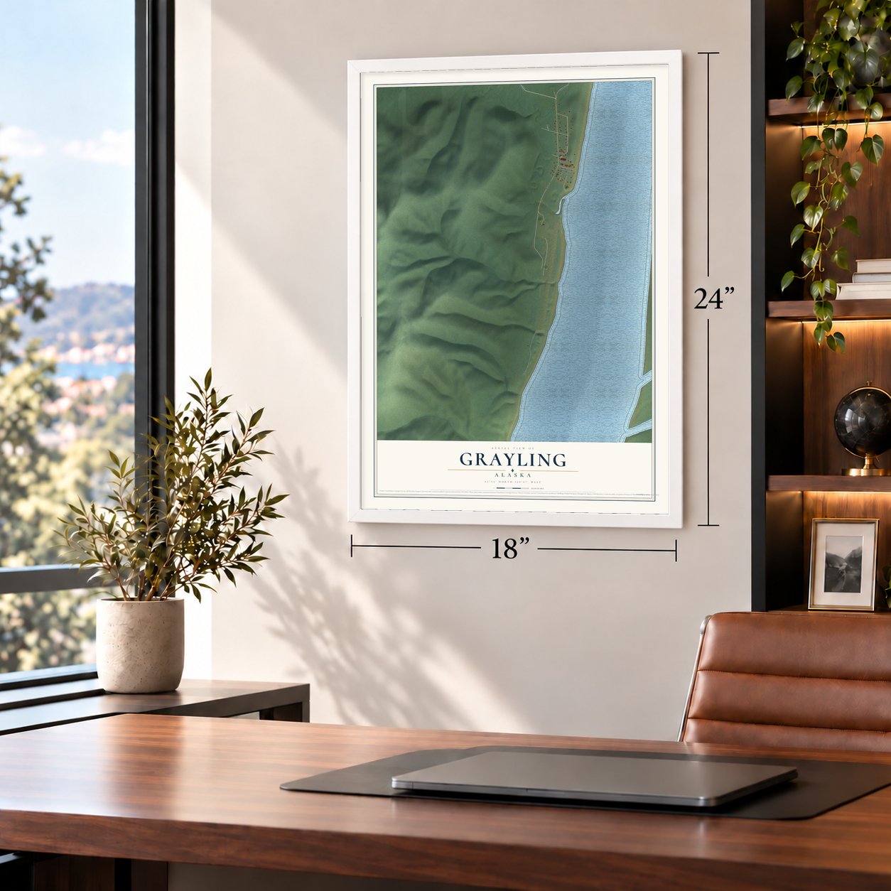 Grayling, Alaska map, 18 x 24 inch print in a white frame in a home office