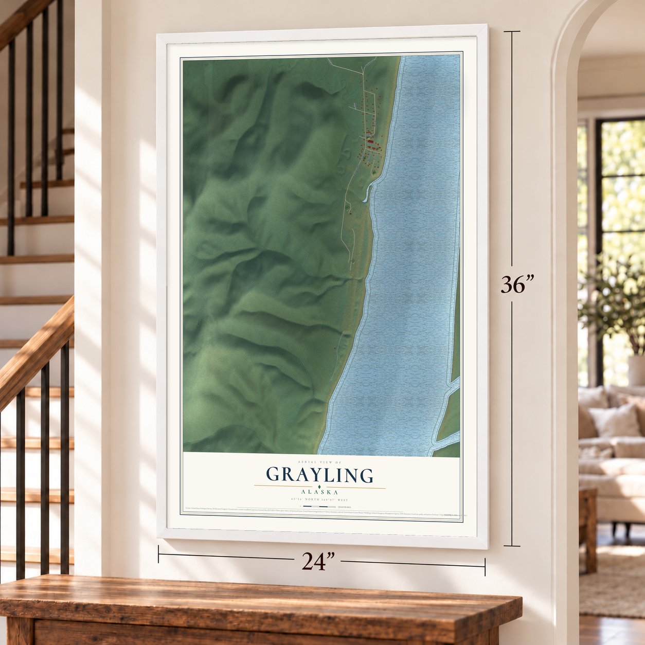 Grayling, Alaska map, 24 x 36 inch print in a white frame by a staircase
