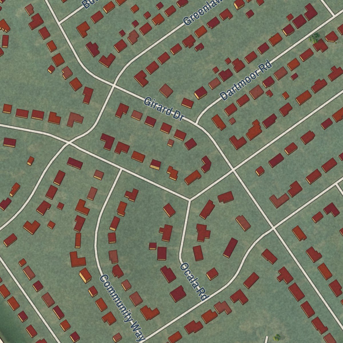 Second close-up of the map of Graymoor-Devondale, Kentucky print showing more streets and buildings