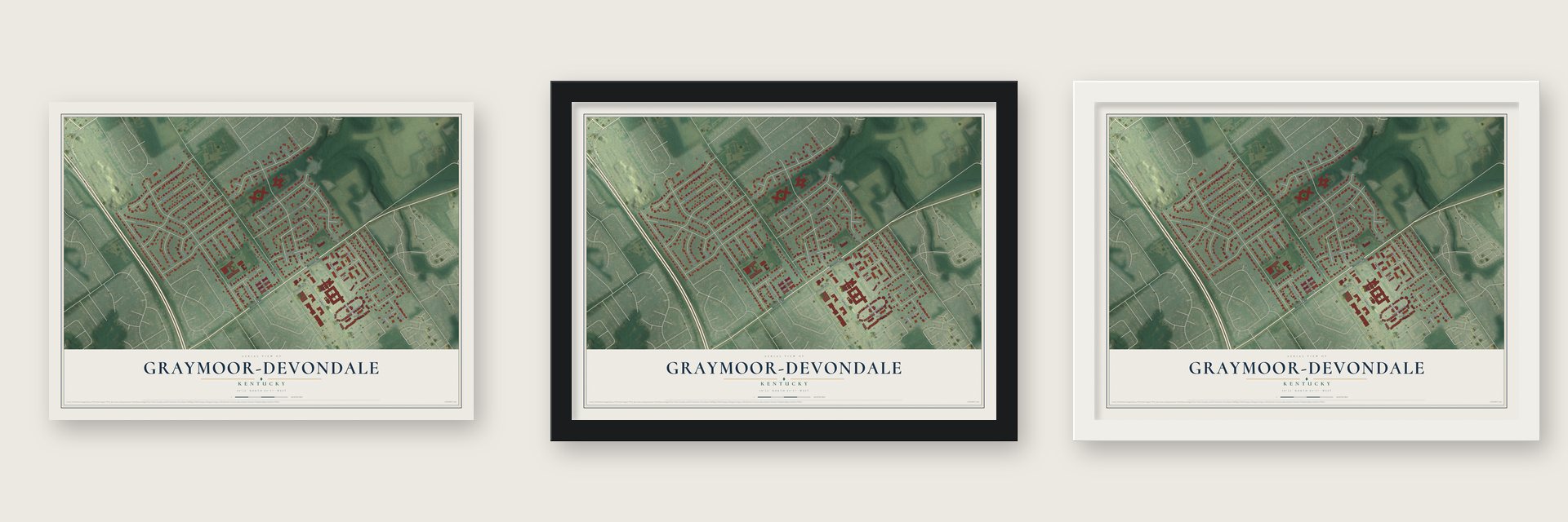 Graymoor-Devondale, Kentucky map unframed, in a black wood frame and in a white wood frame