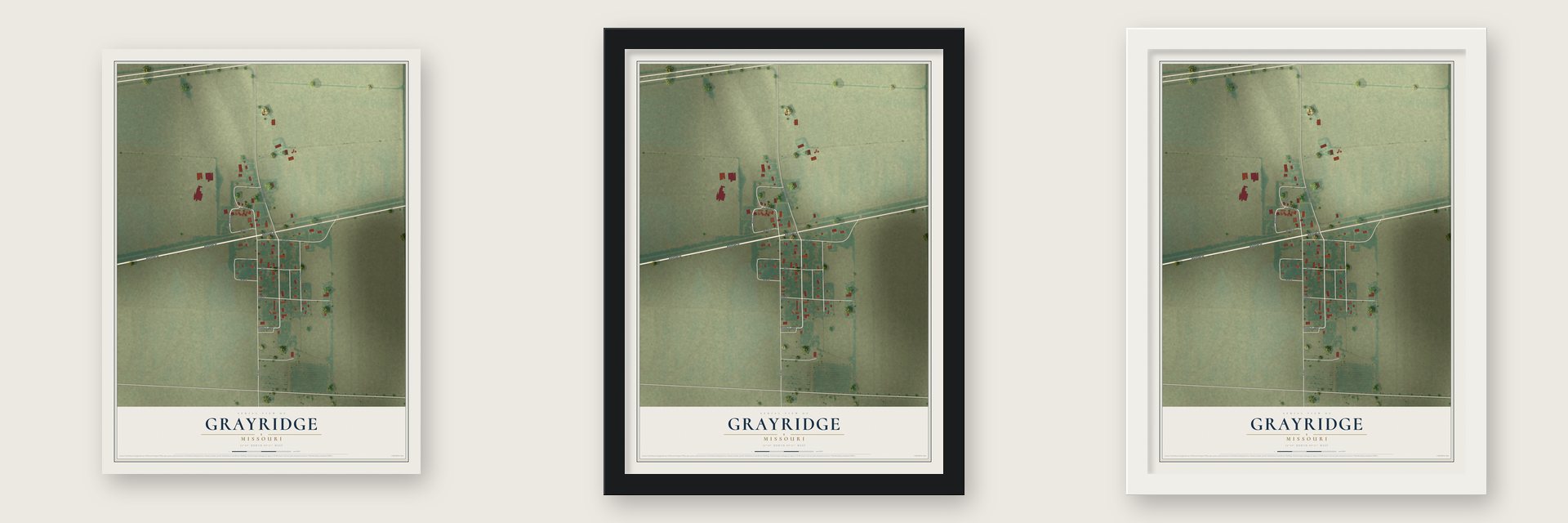 Grayridge, Missouri map unframed, in a black wood frame and in a white wood frame