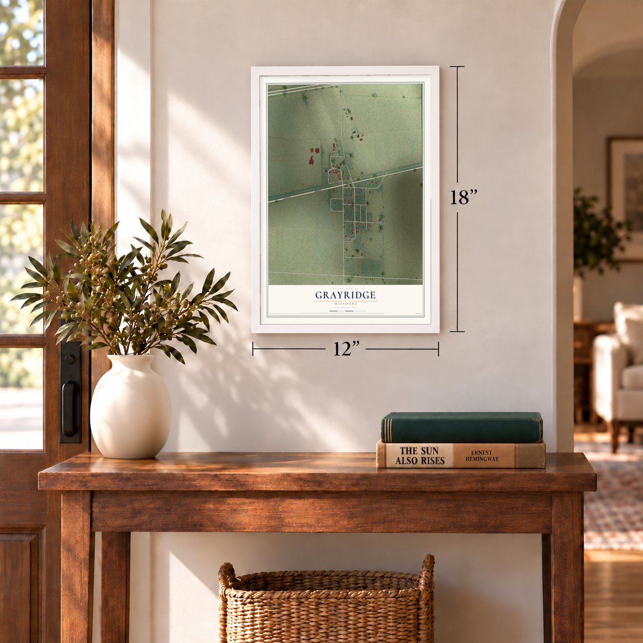Grayridge, Missouri map, 12 x 18 inch print in a white frame in an entryway