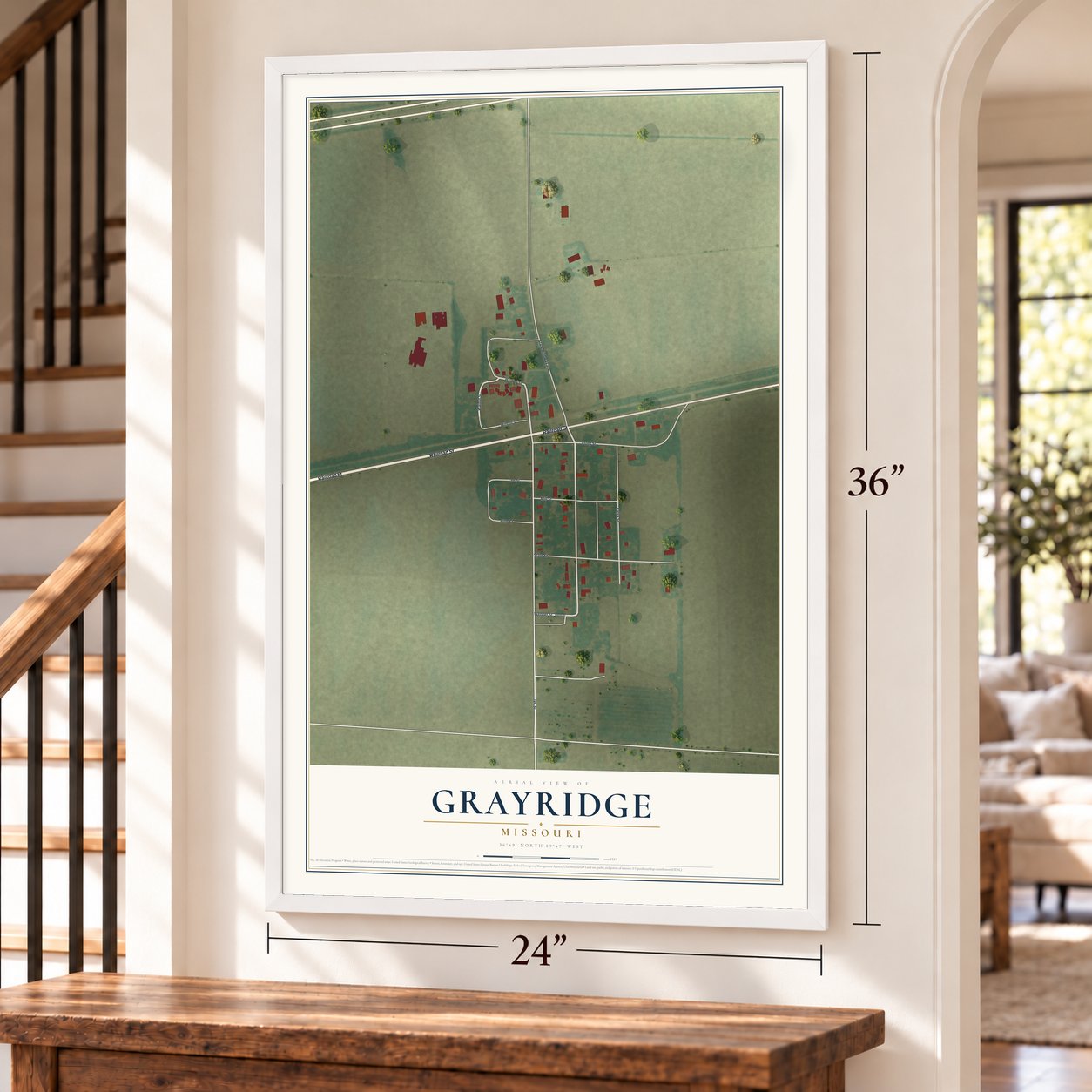 Grayridge, Missouri map, 24 x 36 inch print in a white frame by a staircase