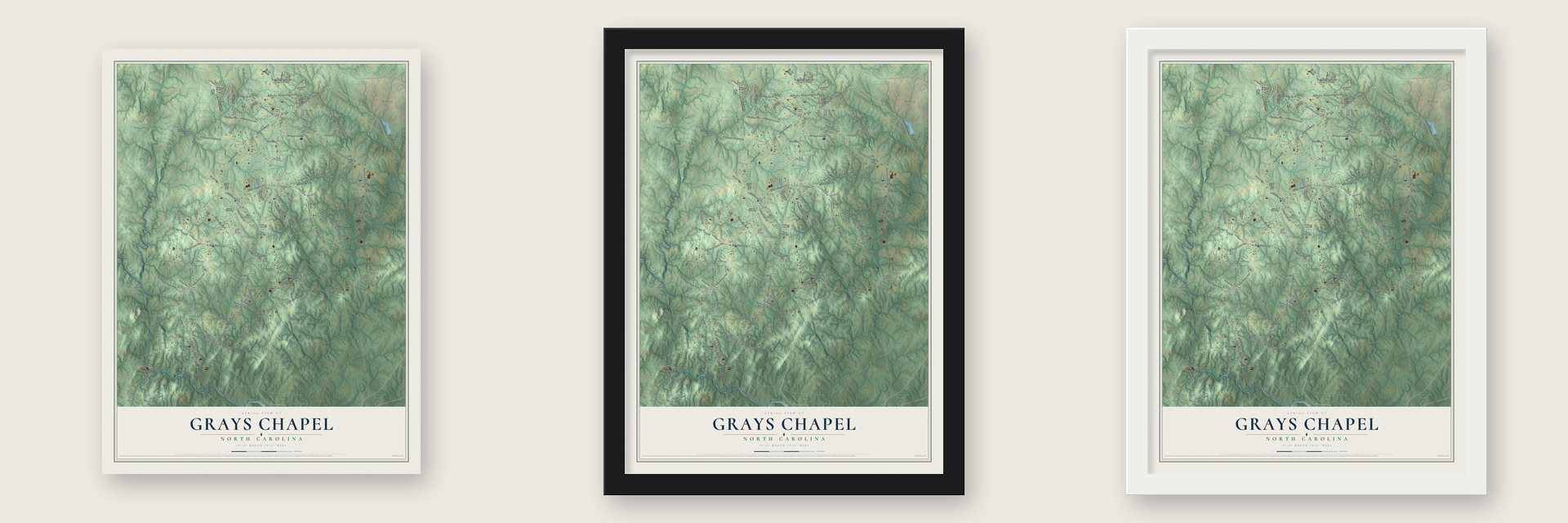 Grays Chapel, North Carolina map unframed, in a black wood frame and in a white wood frame