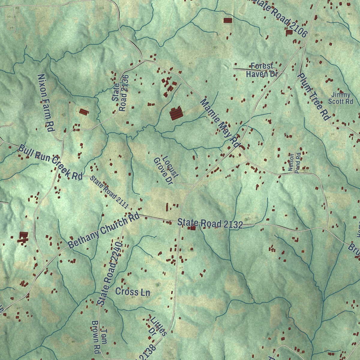 Second close-up of the map of Grays Chapel, North Carolina print showing more streets and buildings