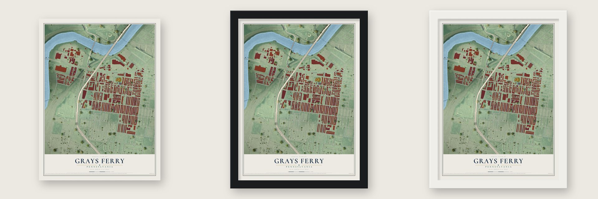 Grays Ferry, Pennsylvania map unframed, in a black wood frame and in a white wood frame