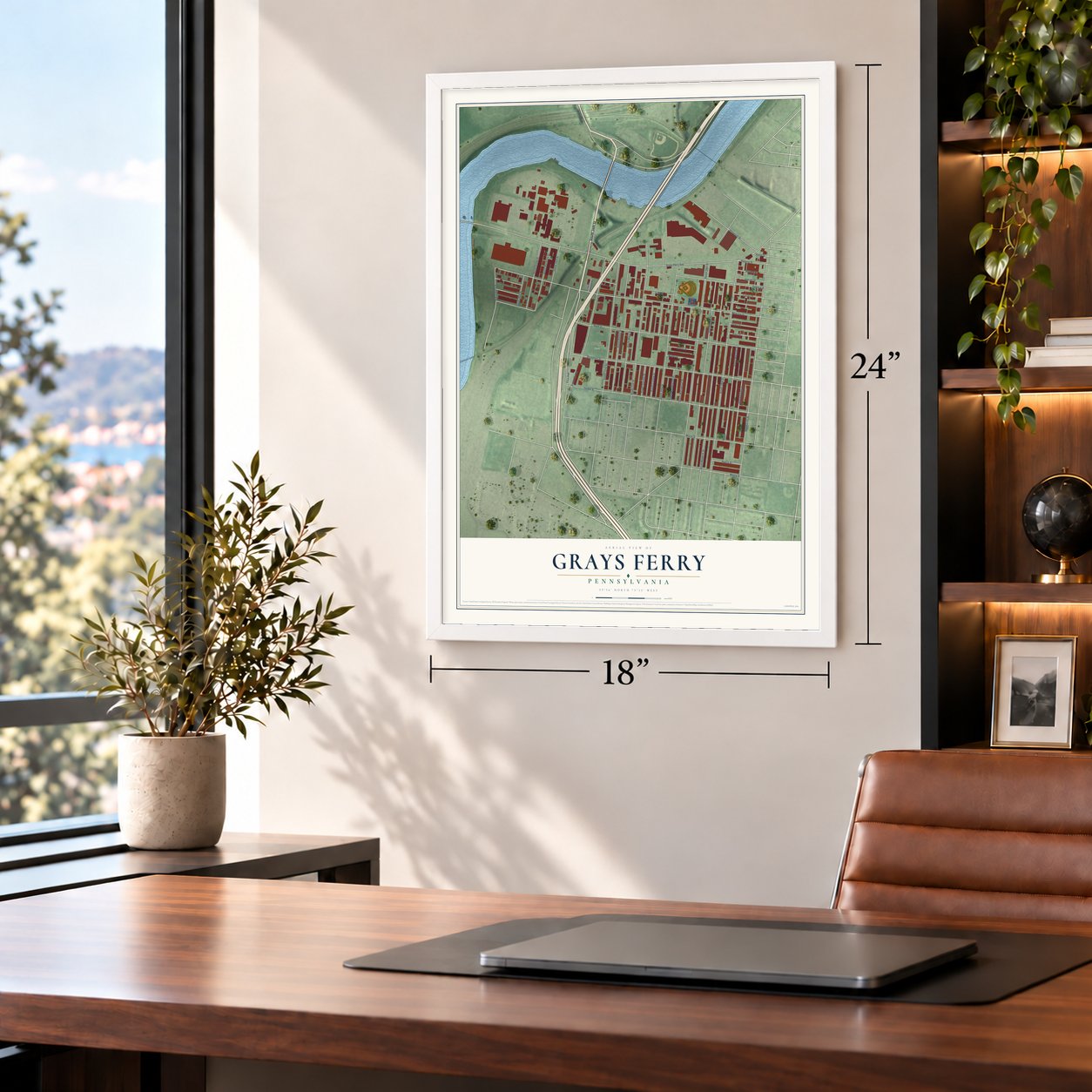 Grays Ferry, Pennsylvania map, 18 x 24 inch print in a white frame in a home office