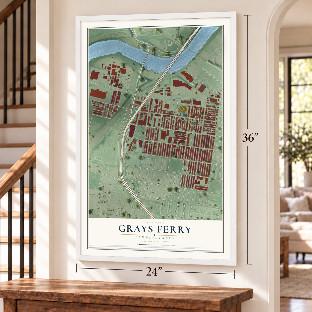 Grays Ferry, Pennsylvania map, 24 x 36 inch print in a white frame by a staircase