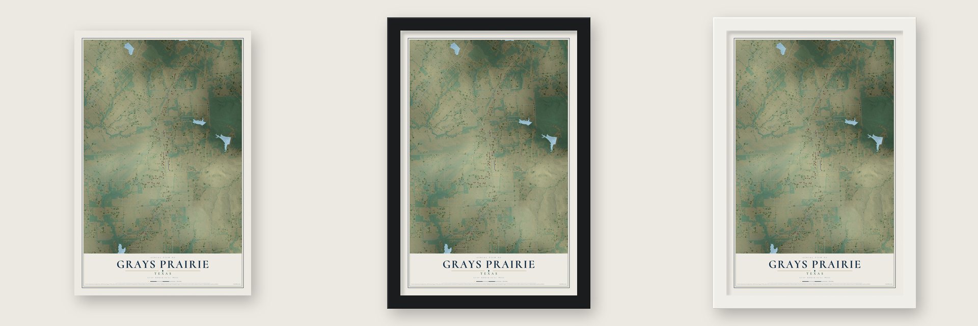 Grays Prairie, Texas map unframed, in a black wood frame and in a white wood frame