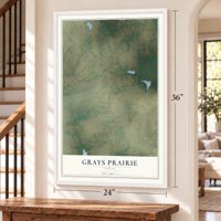 Grays Prairie, Texas map, 24 x 36 inch print in a white frame by a staircase