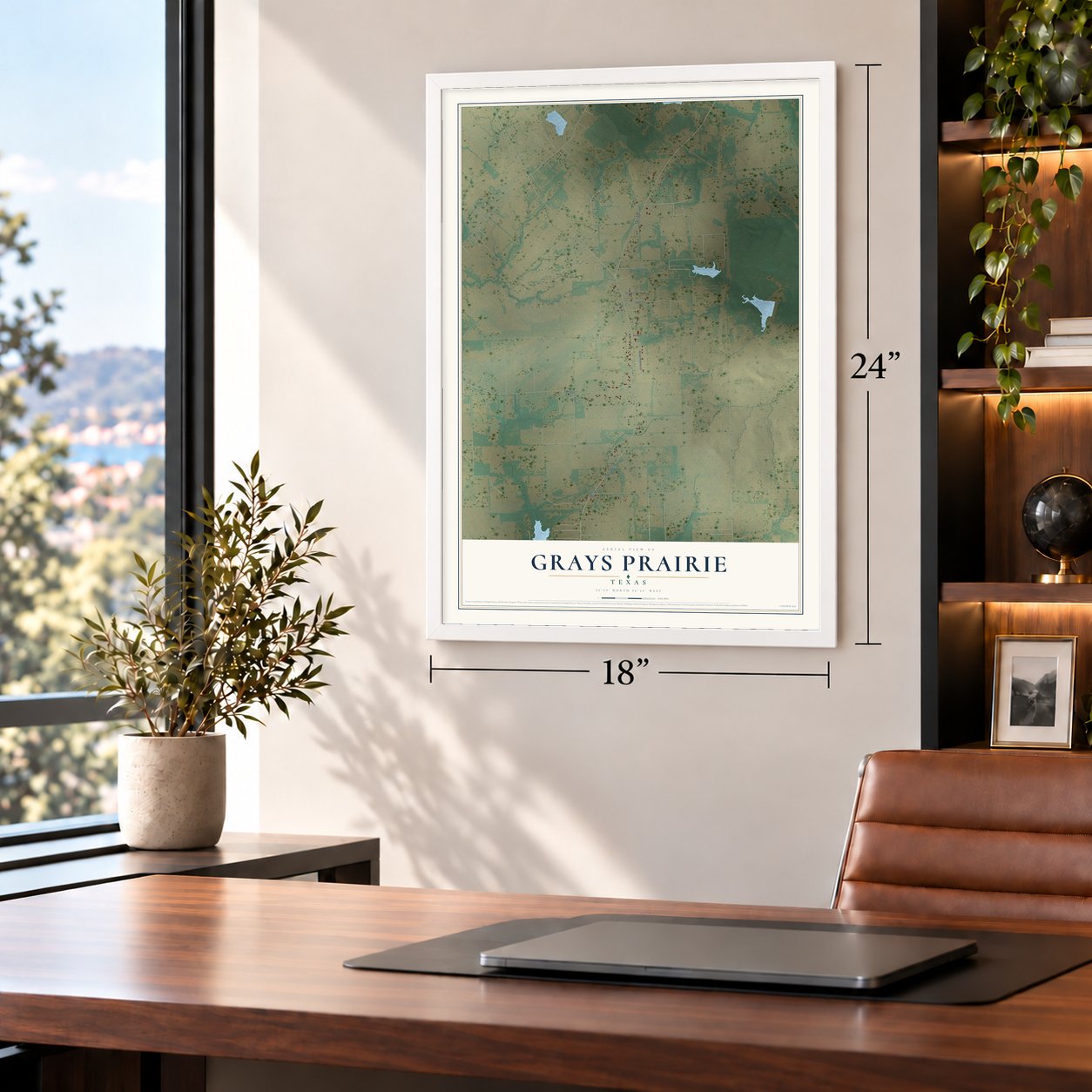 Grays Prairie, Texas map, 18 x 24 inch print in a white frame in a home office
