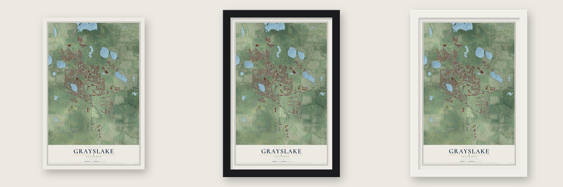 Grayslake, Illinois map unframed, in a black wood frame and in a white wood frame