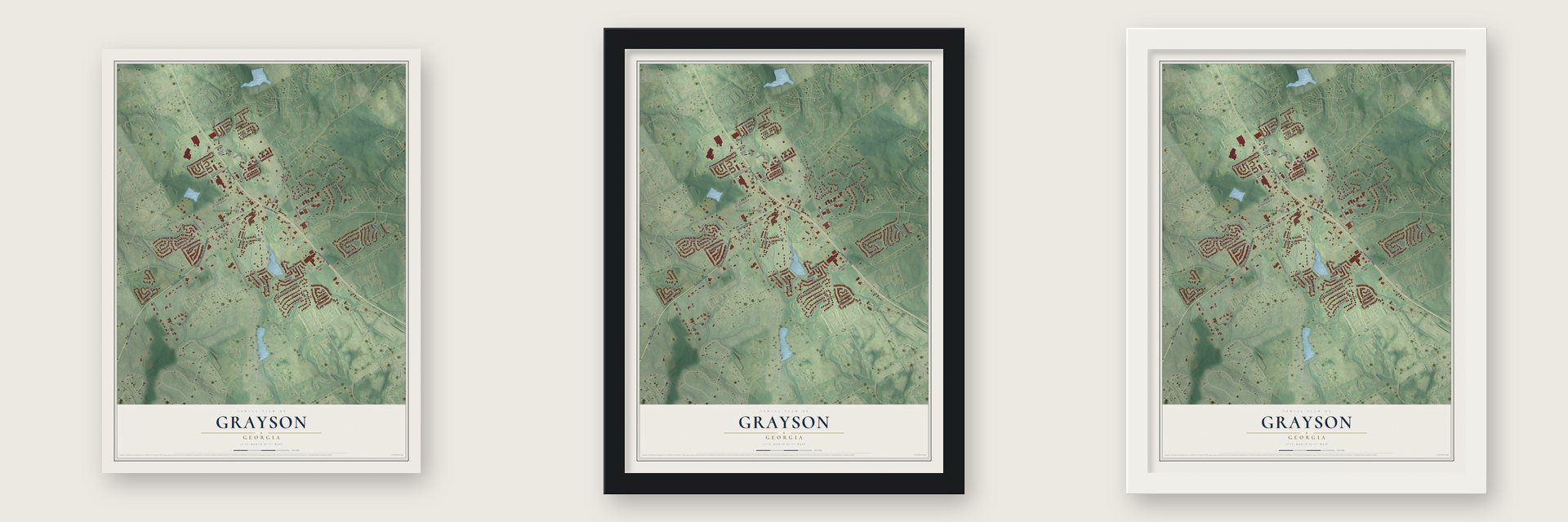 Grayson, Georgia map unframed, in a black wood frame and in a white wood frame