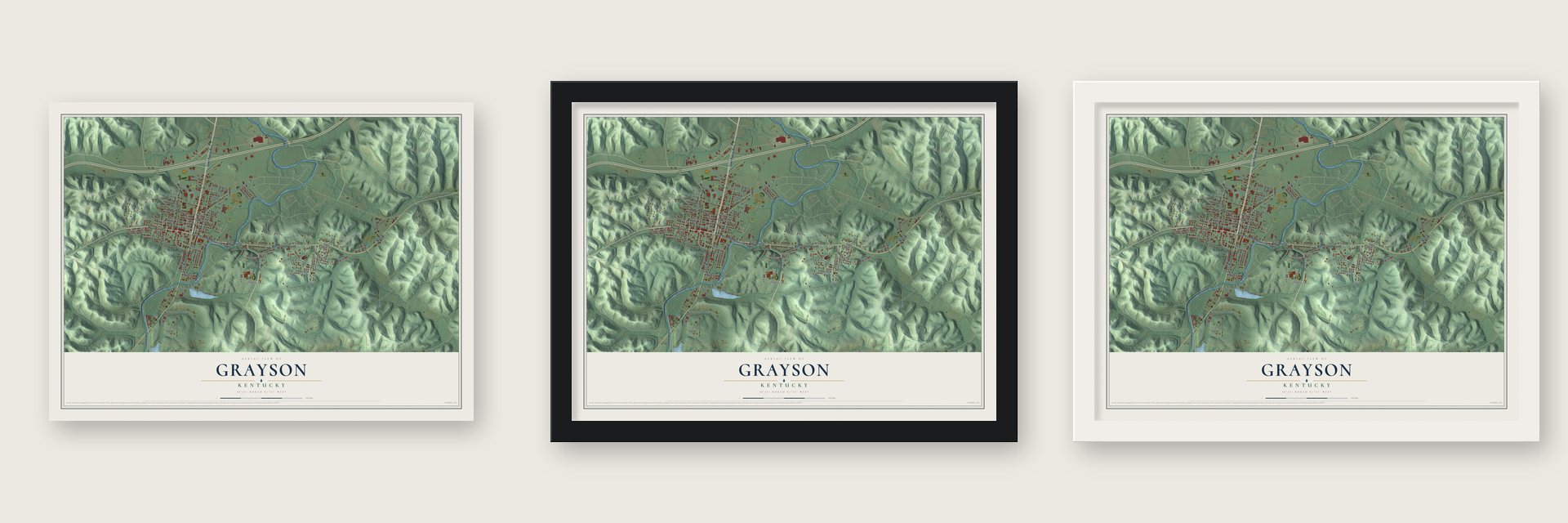Grayson, Kentucky map unframed, in a black wood frame and in a white wood frame