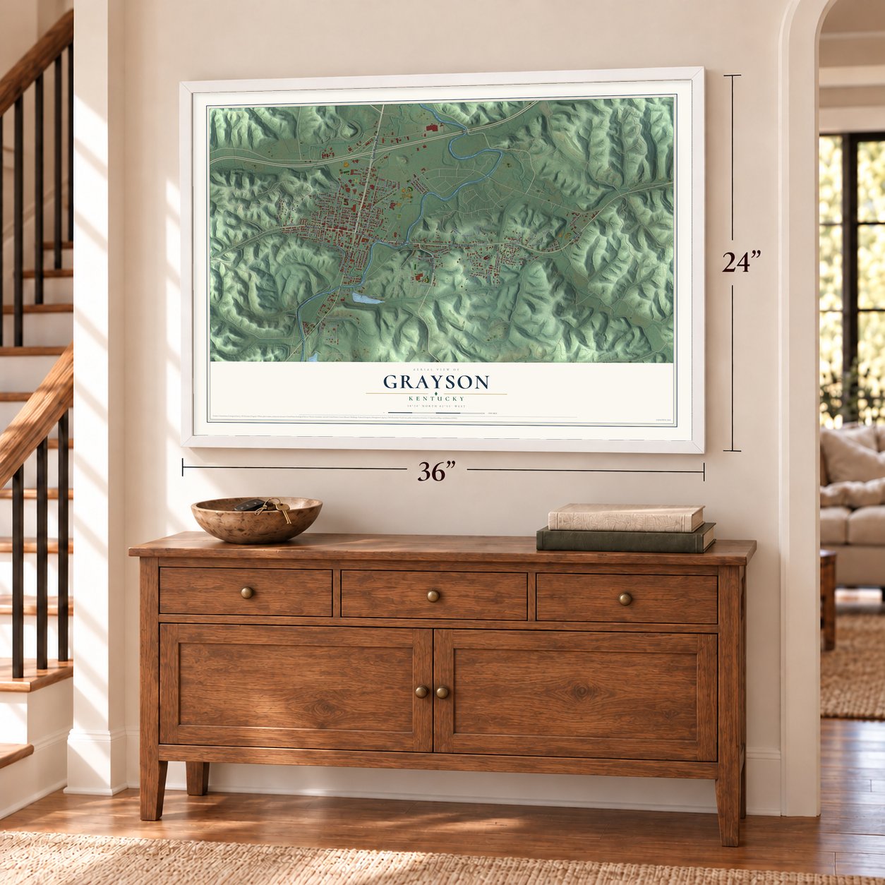 Grayson, Kentucky map, 24 x 36 inch print in a white frame above a dresser by a staircase