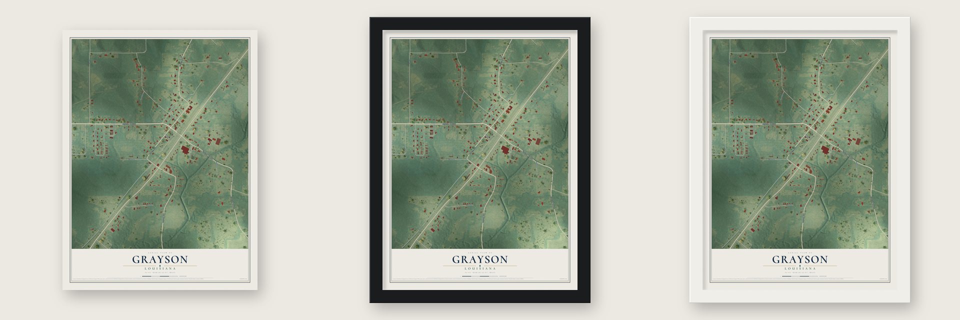 Grayson, Louisiana map unframed, in a black wood frame and in a white wood frame