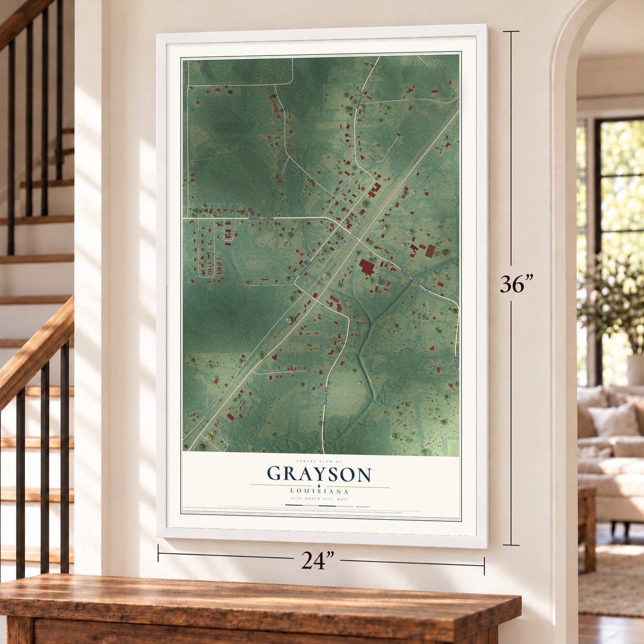 Grayson, Louisiana map, 24 x 36 inch print in a white frame by a staircase