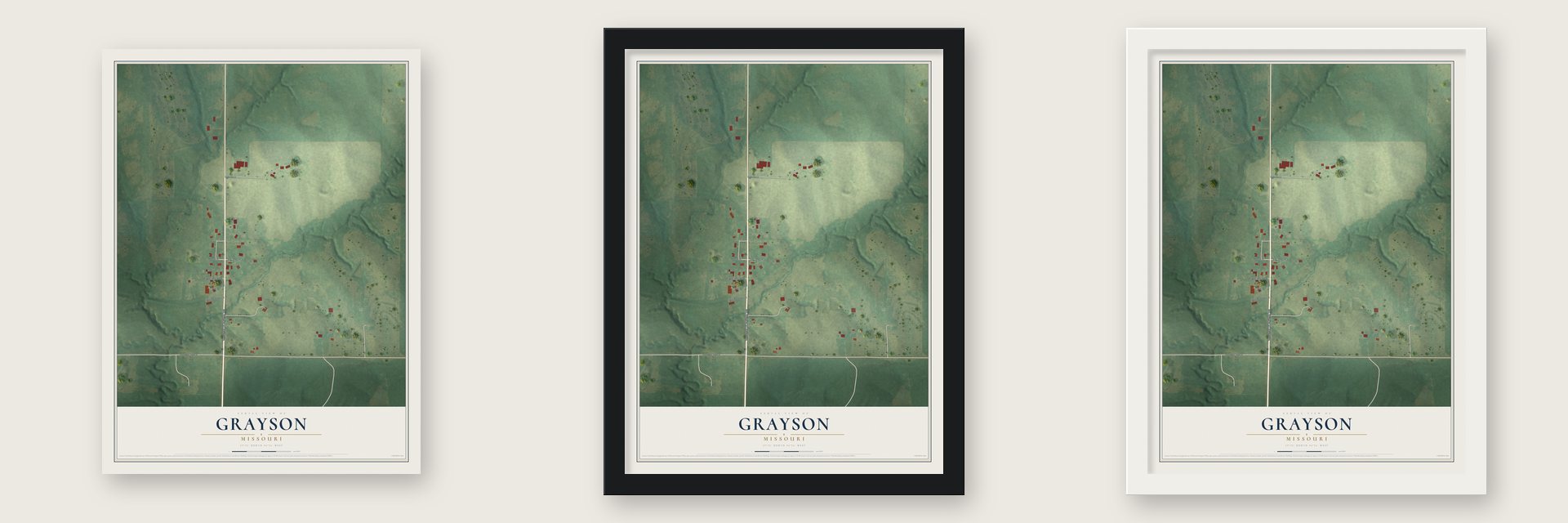 Grayson, Missouri map unframed, in a black wood frame and in a white wood frame