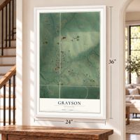 Grayson, Missouri map, 24 x 36 inch print in a white frame by a staircase