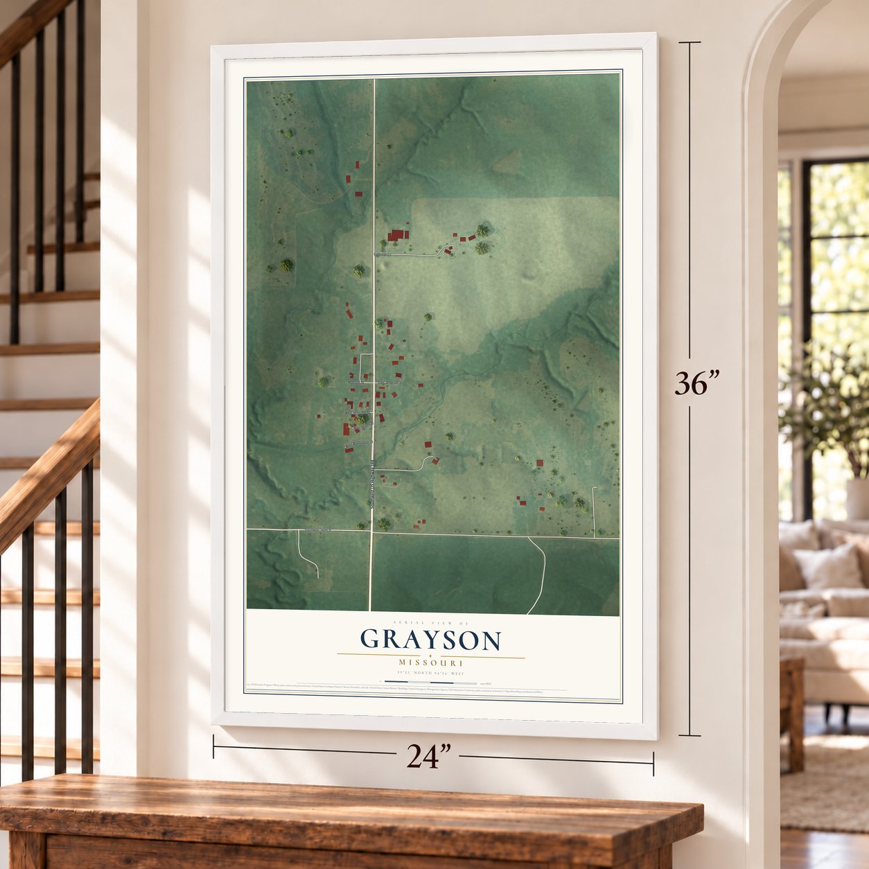 Grayson, Missouri map, 24 x 36 inch print in a white frame by a staircase