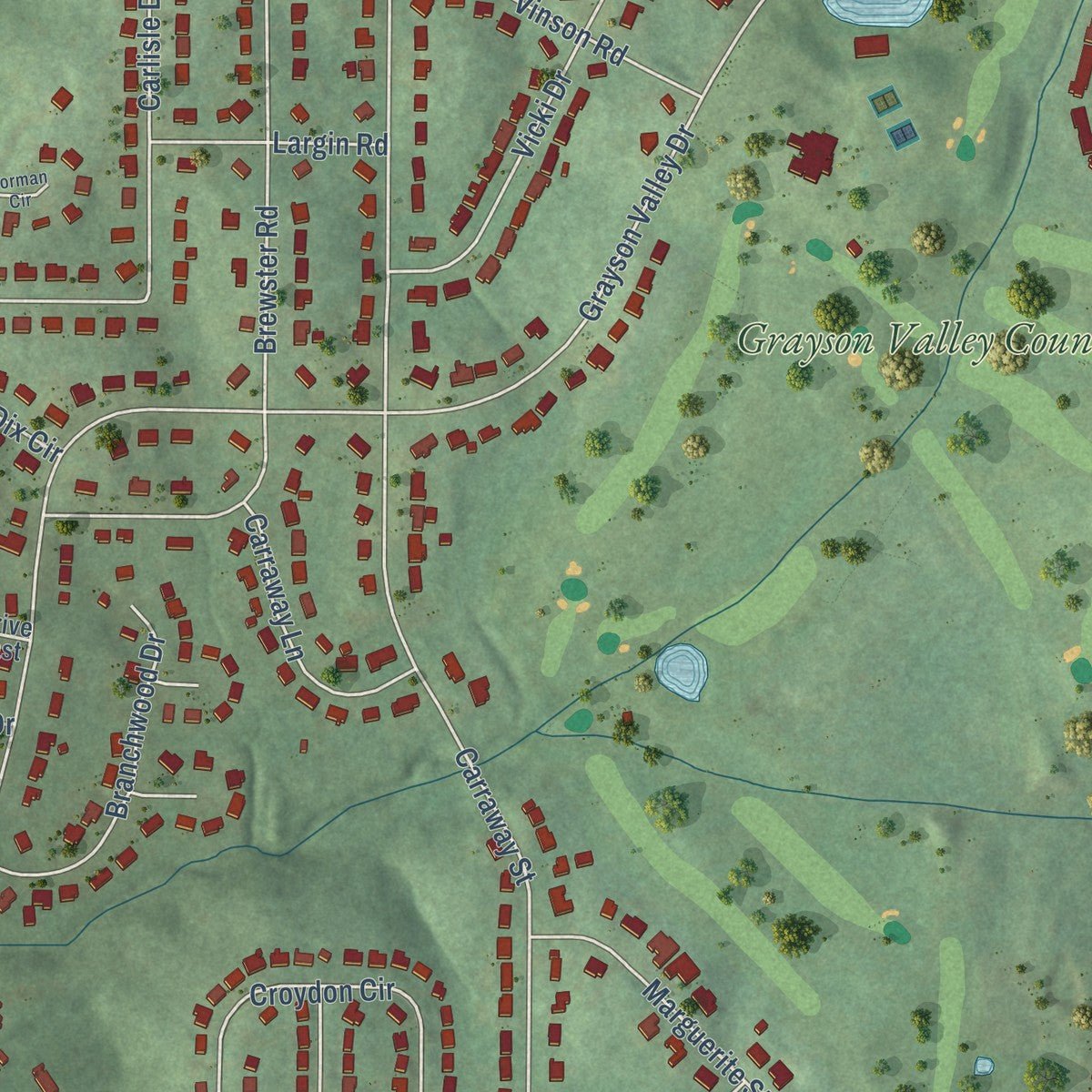 Second close-up of the map of Grayson Valley, Alabama print showing more streets and buildings