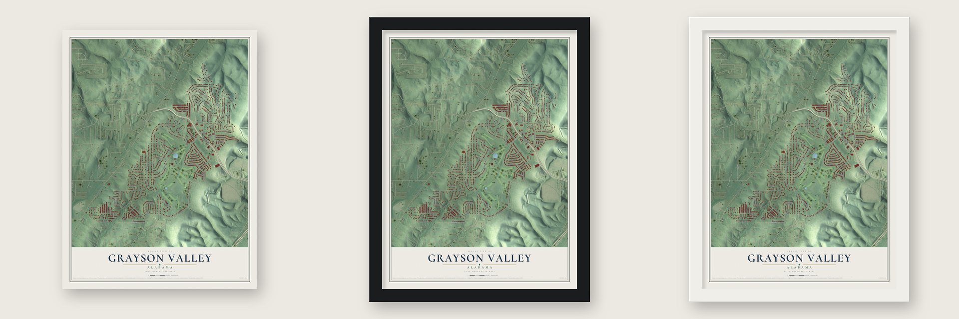 Grayson Valley, Alabama map unframed, in a black wood frame and in a white wood frame