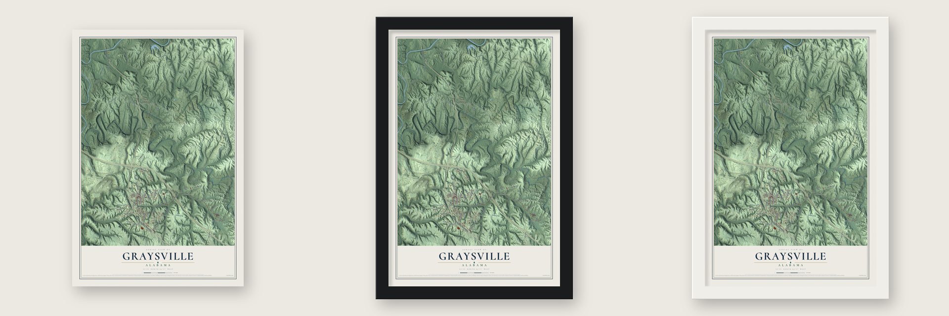 Graysville, Alabama map unframed, in a black wood frame and in a white wood frame