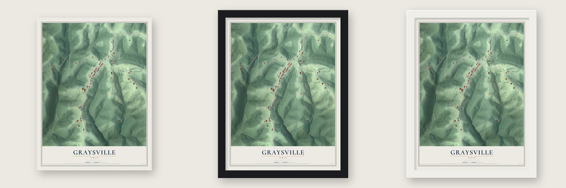 Graysville, Ohio map unframed, in a black wood frame and in a white wood frame